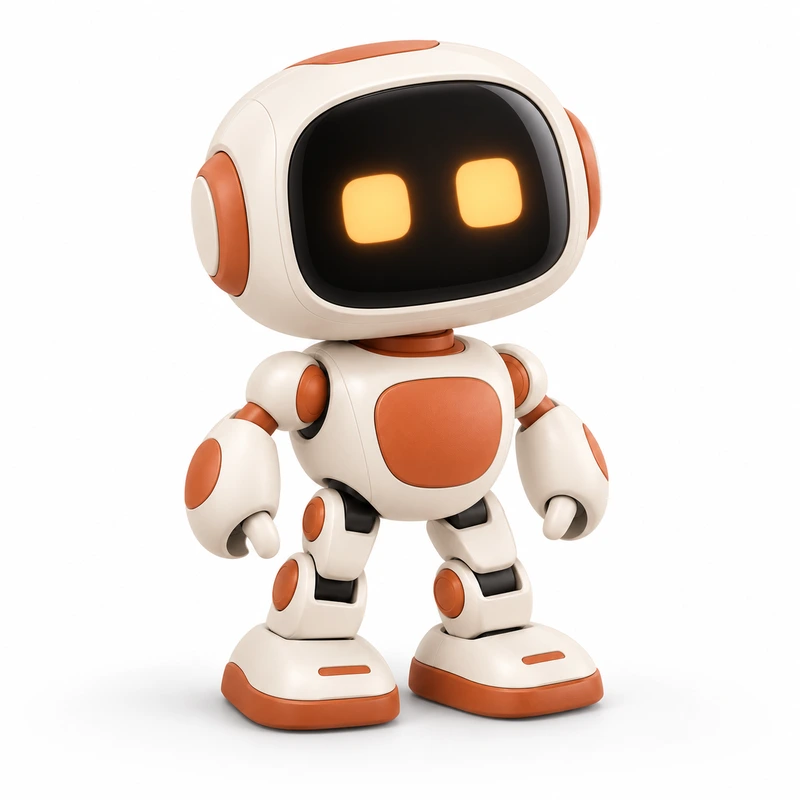 Cream-white and terracotta EmotiToy bipedal AI desktop companion robot with amber digital eyes on a white background